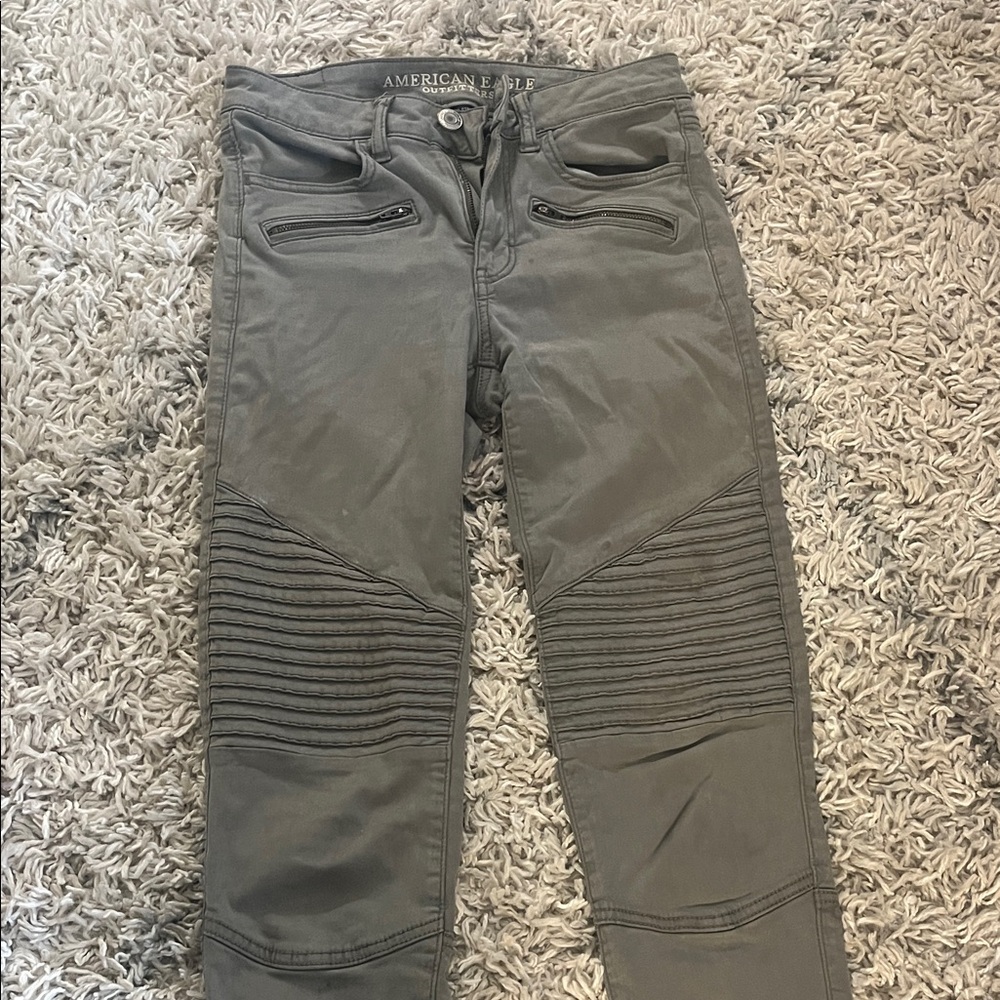 American Eagle Outfitters gray-green Super Stretch Moto Pants